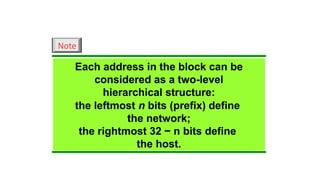 Each address in the block can be
considered as a two-level
hierarchical structure:
the leftmost n bits (prefix) define
the network;
the rightmost 32 − n bits define
the host.
Note
 
