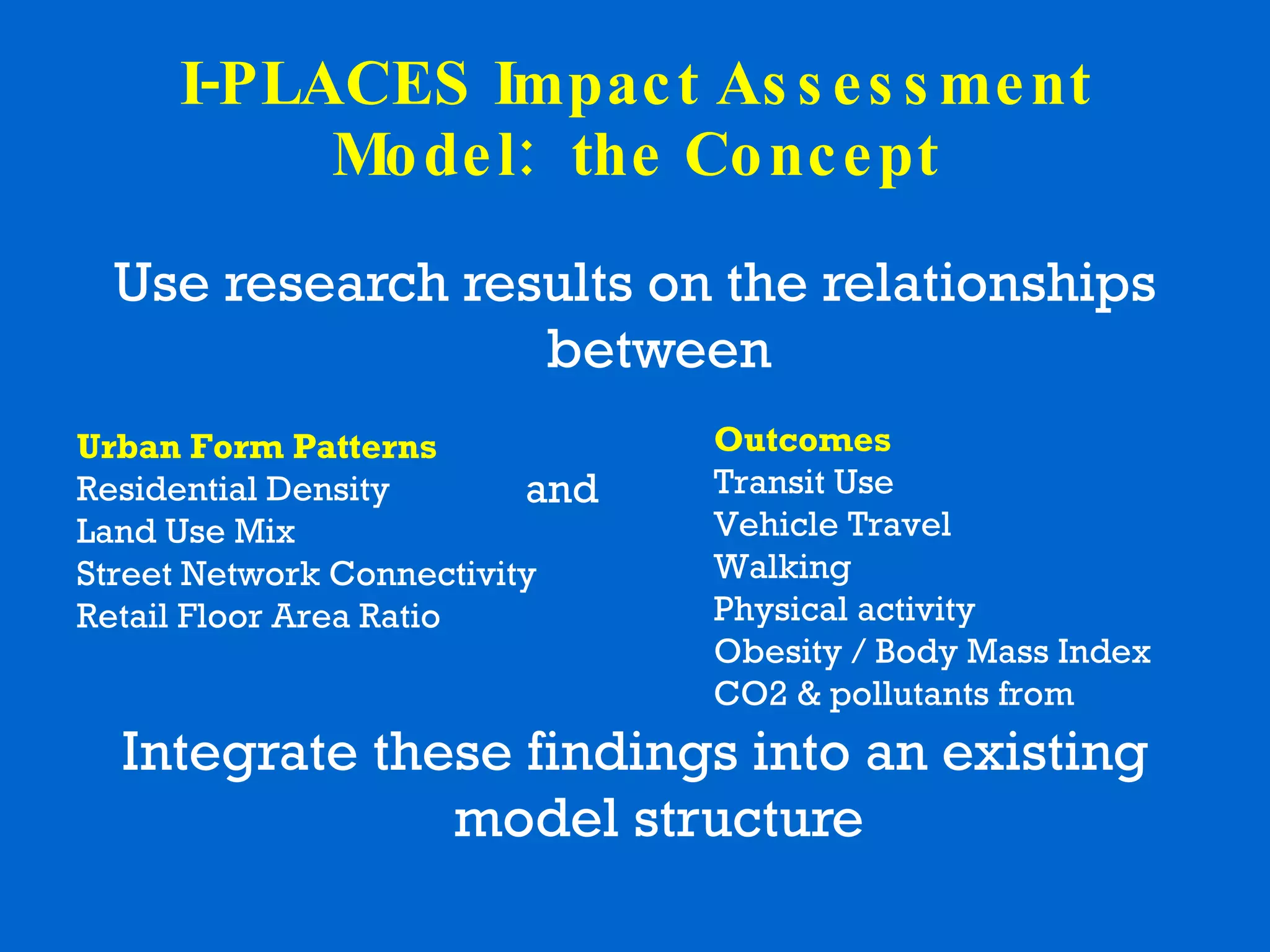 I-PLACES Impact Assessment Model:  the Concept Use research results on the relationships between Integrate these findings into an existing model structure Urban Form Patterns   Residential Density Land Use Mix Street Network Connectivity Retail Floor Area Ratio Outcomes Transit Use Vehicle Travel Walking Physical activity Obesity / Body Mass Index CO2 & pollutants from and 