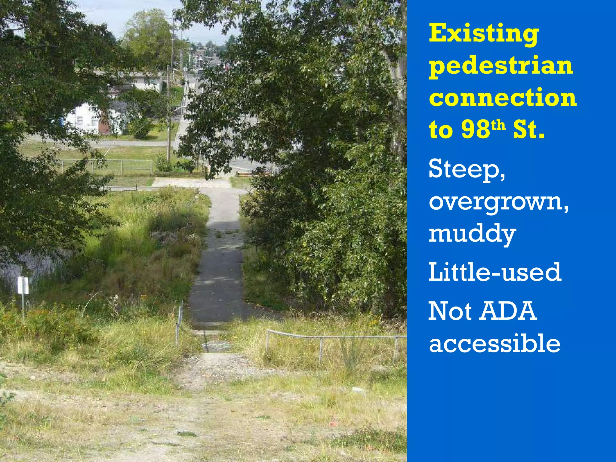 Existing pedestrian connection to 98 th  St. Steep, overgrown, muddy  Little-used Not ADA accessible 