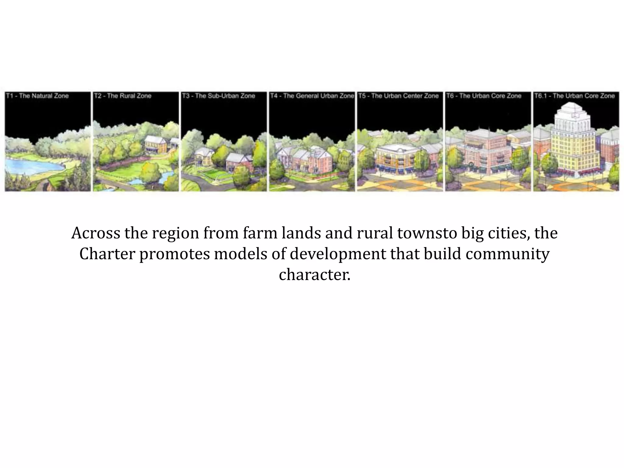 Across the region from farm lands and rural towns to big cities, the Charter promotes models of development that build community character and value.  Image: Transect diagram for Fayetteville, Arkansas