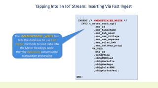 Tapping Into an IoT Stream: Inserting Via Fast Ingest
. . .
INSERT /* +MEMOPTIMIZE_WRITE */
INTO t_meter_readings(
smr_id
,smr_timestamp
,smr_kwh_used
,smr_max_voltage
,smr_max_amperes
,smr_solar_kwh
,smr_battery_pctg)
VALUES(
mtr_id
,tsRdgTime
,nRdgKWHUsed
,nRdgMaxVolts
,nRdgMaxAmps
,nRdgSolarKWH
,nRdgMtrBatPwr);
END;
The +MEMOPTIMIZE_WRITE hint
tells the database to use Fast
Ingest methods to load data into
the Meter Readings table,
thereby bypassing conventional
transaction processing
 