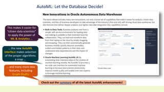 AutoML: Let the Database Decide!
Check out the summary of all the latest AutoML enhancements!
This makes it easier for
“citizen data scientists”
to apply the power of
ML & Analytics …
… the new AutoML
interface makes selection
of the proper algorithms
a snap …
… and many more new
features, including
Graph Studio
 