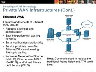 Presentation_ID 17© 2008 Cisco Systems, Inc. All rights reserved. Cisco Confidential
Selecting a WAN Technology
Private WAN Infrastructures (Cont.)
Ethernet WAN
Features and Benefits of Ethernet
WAN include:
 Reduced expenses and
administration
 Easy integration with existing
networks
 Enhanced business productivity
 Service providers now offer
Ethernet WAN service using
fiber-optic cabling.
 Known as Metropolitan Ethernet
(MetroE), Ethernet over MPLS
(EoMPLS), and Virtual Private
LAN Service (VPLS).
Note: Commonly used to replace the
traditional Frame Relay and ATM WAN
links.
 