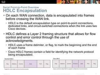 Presentation_ID 13© 2008 Cisco Systems, Inc. All rights reserved. Cisco Confidential
 On each WAN connection, data is encapsulated into frames
before crossing the WAN link.
• HDLC is the default encapsulation type on point-to-point connections,
dedicated links, and circuit-switched connections when the link uses two
Cisco devices.
 HDLC defines a Layer 2 framing structure that allows for flow
control and error control through the use of
acknowledgments.
• HDLC uses a frame delimiter, or flag, to mark the beginning and the end
of each frame
• Cisco HDLC frames contain a field for identifying the network protocol
being encapsulated.
Serial Point-to-Point Overview
HDLC Encapsulation
 