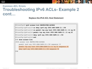 Presentation_ID 74© 2008 Cisco Systems, Inc. All rights reserved. Cisco Confidential
Common ACL Errors
Troubleshooting IPv...