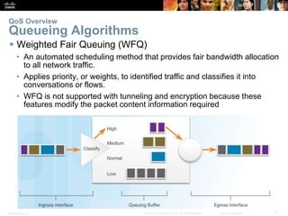 Presentation_ID 17© 2008 Cisco Systems, Inc. All rights reserved. Cisco Confidential
 Weighted Fair Queuing (WFQ)
• An automated scheduling method that provides fair bandwidth allocation
to all network traffic.
• Applies priority, or weights, to identified traffic and classifies it into
conversations or flows.
• WFQ is not supported with tunneling and encryption because these
features modify the packet content information required
QoS Overview
Queueing Algorithms
 