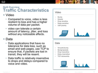 Presentation_ID 15© 2008 Cisco Systems, Inc. All rights reserved. Cisco Confidential
 Video
• Compared to voice, video is less
resilient to loss and has a higher
volume of data per packet.
• video can tolerate a certain
amount of latency, jitter, and loss
without any noticeable affects.
 Data
• Data applications that have no
tolerance for data loss, such as
email and web pages, use TCP to
ensure that, if packets are lost in
transit, they will be resent.
• Data traffic is relatively insensitive
to drops and delays compared to
voice and video.
QoS Overview
Traffic Characteristics
 