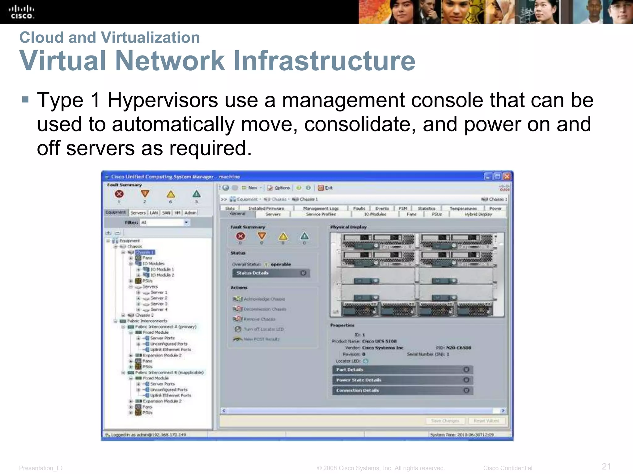 Presentation_ID 21© 2008 Cisco Systems, Inc. All rights reserved. Cisco Confidential
Cloud and Virtualization
Virtual Network Infrastructure
 Type 1 Hypervisors use a management console that can be
used to automatically move, consolidate, and power on and
off servers as required.
 