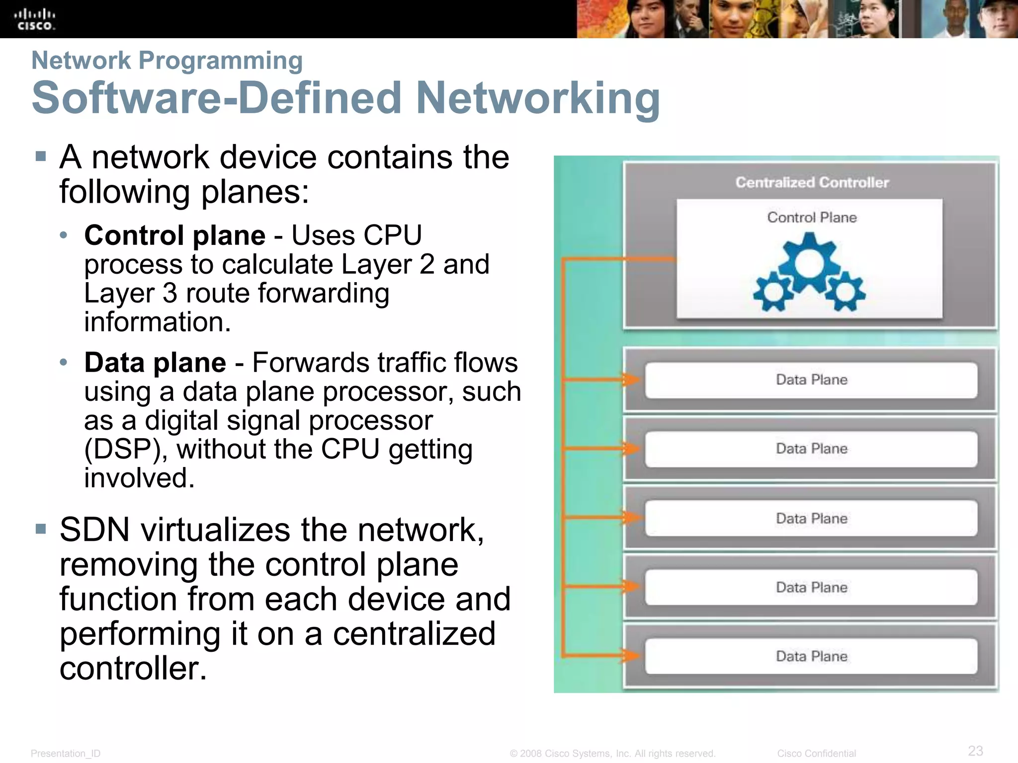 Presentation_ID 23© 2008 Cisco Systems, Inc. All rights reserved. Cisco Confidential
Network Programming
Software-Defined Networking
 A network device contains the
following planes:
• Control plane - Uses CPU
process to calculate Layer 2 and
Layer 3 route forwarding
information.
• Data plane - Forwards traffic flows
using a data plane processor, such
as a digital signal processor
(DSP), without the CPU getting
involved.
 SDN virtualizes the network,
removing the control plane
function from each device and
performing it on a centralized
controller.
 