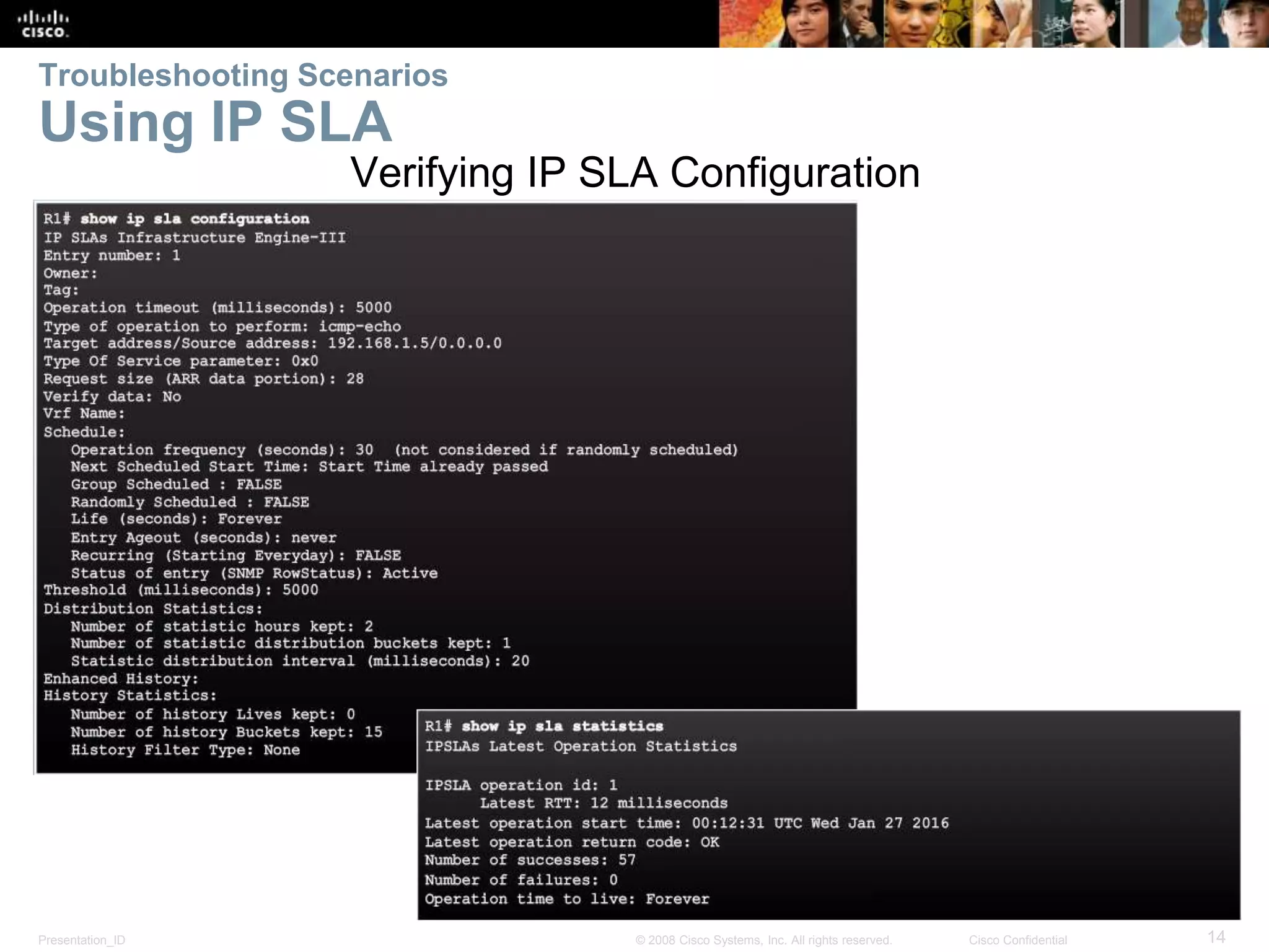 Presentation_ID 14© 2008 Cisco Systems, Inc. All rights reserved. Cisco Confidential Troubleshooting Scenarios Using IP SLA Verifying IP SLA Configuration 