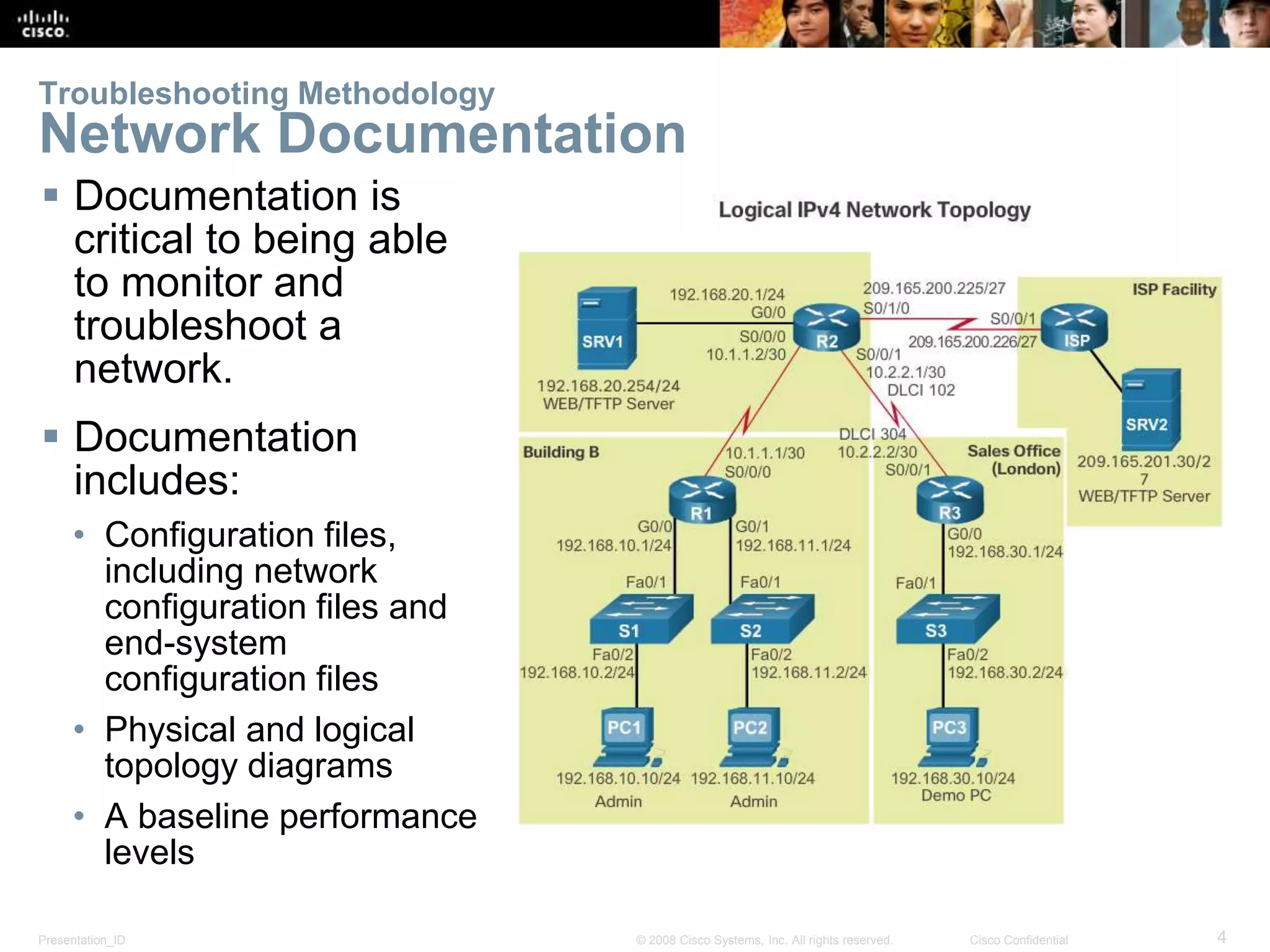 Presentation_ID 4© 2008 Cisco Systems, Inc. All rights reserved. Cisco Confidential Troubleshooting Methodology Network Documentation  Documentation is critical to being able to monitor and troubleshoot a network.  Documentation includes: • Configuration files, including network configuration files and end-system configuration files • Physical and logical topology diagrams • A baseline performance levels 