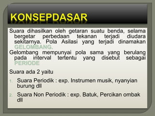 Suara dihasilkan oleh getaran suatu benda, selama
bergetar perbedaan tekanan terjadi diudara
sekitarnya. Pola Asilasi yang terjadi dinamakan
GELOMBANG.
Gelombang mempunyai pola sama yang berulang
pada interval tertentu yang disebut sebagai
PERIODE
Suara ada 2 yaitu
1. Suara Periodik : exp. Instrumen musik, nyanyian
burung dll
2. Suara Non Periodik : exp. Batuk, Percikan ombak
dll
cm2
 