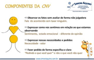 www.simoniaquino.com.br
 Observar os fatos sem avaliar de forma não julgadora
Fale do acontecido sem taxar ninguém.
 Expressar como nos sentimos em relação ao que estamos
observando
Sentimento, estado emocional - diferente de opinião
 Expressar nossas necessidades e pedidos
Necessidade - valor
 Fazer pedido de forma específica e clara
“Pedindo o que você quer” e não o que você não quer
 