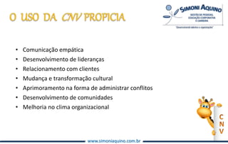www.simoniaquino.com.br
• Comunicação empática
• Desenvolvimento de lideranças
• Relacionamento com clientes
• Mudança e transformação cultural
• Aprimoramento na forma de administrar conflitos
• Desenvolvimento de comunidades
• Melhoria no clima organizacional
 