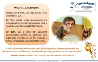 www.simoniaquino.com.br
MARSHALL B. ROSENBERG
Cresceu em Detroit, uma das cidades mais
violentas dos EUA.
Em 1961, conclui o seu doutoramento em
psicologia clínica e nesta mesma década inicia a
implantação da Comunicação Não-Violenta.
Em 1984, cria o Center for Nonviolent
Communication (CNVC), na Califórnia, uma
organização internacional sem fins lucrativos e
publica várias obras pedagógicas sobre o tema.
“A CNV oferece ferramentas das mais eficientes para cuidarmos da saúde e dos
relacionamentos. A CNV conecta a alma das pessoas, promovendo sua regeneração.”
Deepak Chopra no livro As Sete Leis Espirituais do Sucesso e Efeito Sombra
 