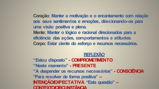 Coração: Manter a motivação e o encantamento com relação
aos seus sentimentos e emoções, direcionando-os para
uma visão positiva e plena.
Mente: Manter o lógico e racional direcionados para a
eficiência das ações, comportamentos e atitudes.
Corpo: Estar ciente do esforço e recursos necessários.
REFLEXÃO
“Estou disposto” - COMPROMETIMENTO
“Neste momento” - PRESENTE
“A despender os recursos necessários” - CONSCIÊNCIA
“Para resolver de forma positiva” –
INTENÇÃO/EXPECTATIVA “Esta questão” –
 
