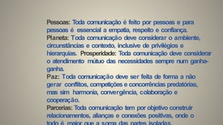 Pessoas: Toda comunicação é feito por pessoas e para
pessoas é essencial a empatia, respeito e confiança.
Planeta: Toda comunicação deve considerar o ambiente,
circunstâncias e contexto, inclusive de privilégios e
hierarquias. Prosperidade: Toda comunicação deve considerar
o atendimento mútuo das necessidades sempre num ganha-
ganha.
Paz: Toda comunicação deve ser feita de forma a não
gerar conflitos, competições e concorrências predatórias,
mas sim harmonia, convergência, colaboração e
cooperação.
Parcerias: Toda comunicação tem por objetivo construir
relacionamentos, alianças e conexões positivas, onde o
 