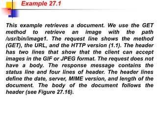 This example retrieves a document. We use the GET
method to retrieve an image with the path
/usr/bin/image1. The request line shows the method
(GET), the URL, and the HTTP version (1.1). The header
has two lines that show that the client can accept
images in the GIF or JPEG format. The request does not
have a body. The response message contains the
status line and four lines of header. The header lines
define the date, server, MIME version, and length of the
document. The body of the document follows the
header (see Figure 27.16).
Example 27.1
 