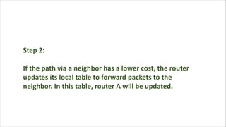 Step 2:
If the path via a neighbor has a lower cost, the router
updates its local table to forward packets to the
neighbor. In this table, router A will be updated.
 