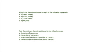What is the Hamming distance for each of the following codewords:
a. d (10000, 00000)
b. d (10101, 10000)
c. d (11111,11111)
d. d (000, 000)
Find the minimum Hamming distance for the following cases:
a. Detection of two errors.
b. Correction of two errors.
c. Detection of 3 errors or correction of 2 errors.
d. Detection of 6 errors or correction of 2 errors.
 