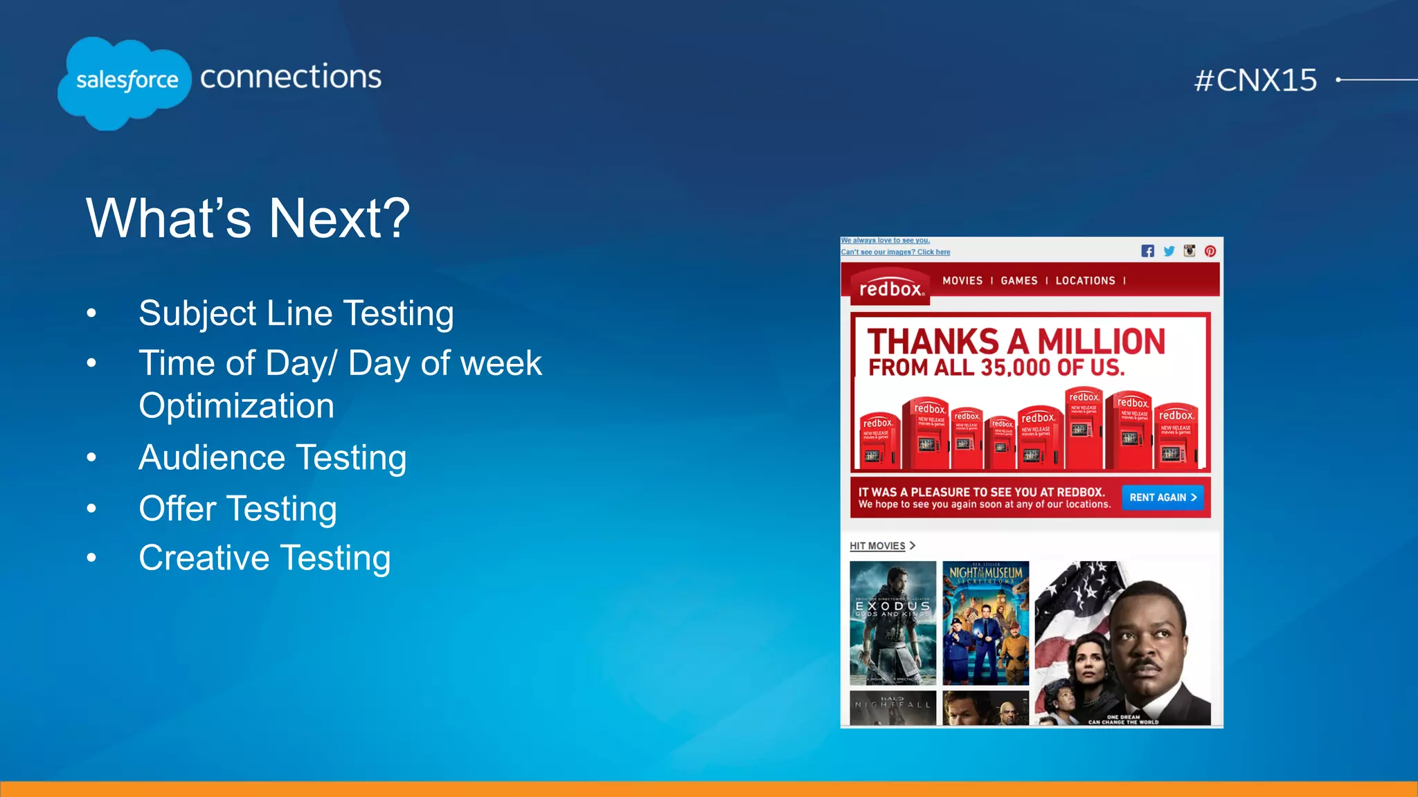 What’s Next?
•  Subject Line Testing
•  Time of Day/ Day of week
Optimization
•  Audience Testing
•  Offer Testing
•  Creative Testing
 