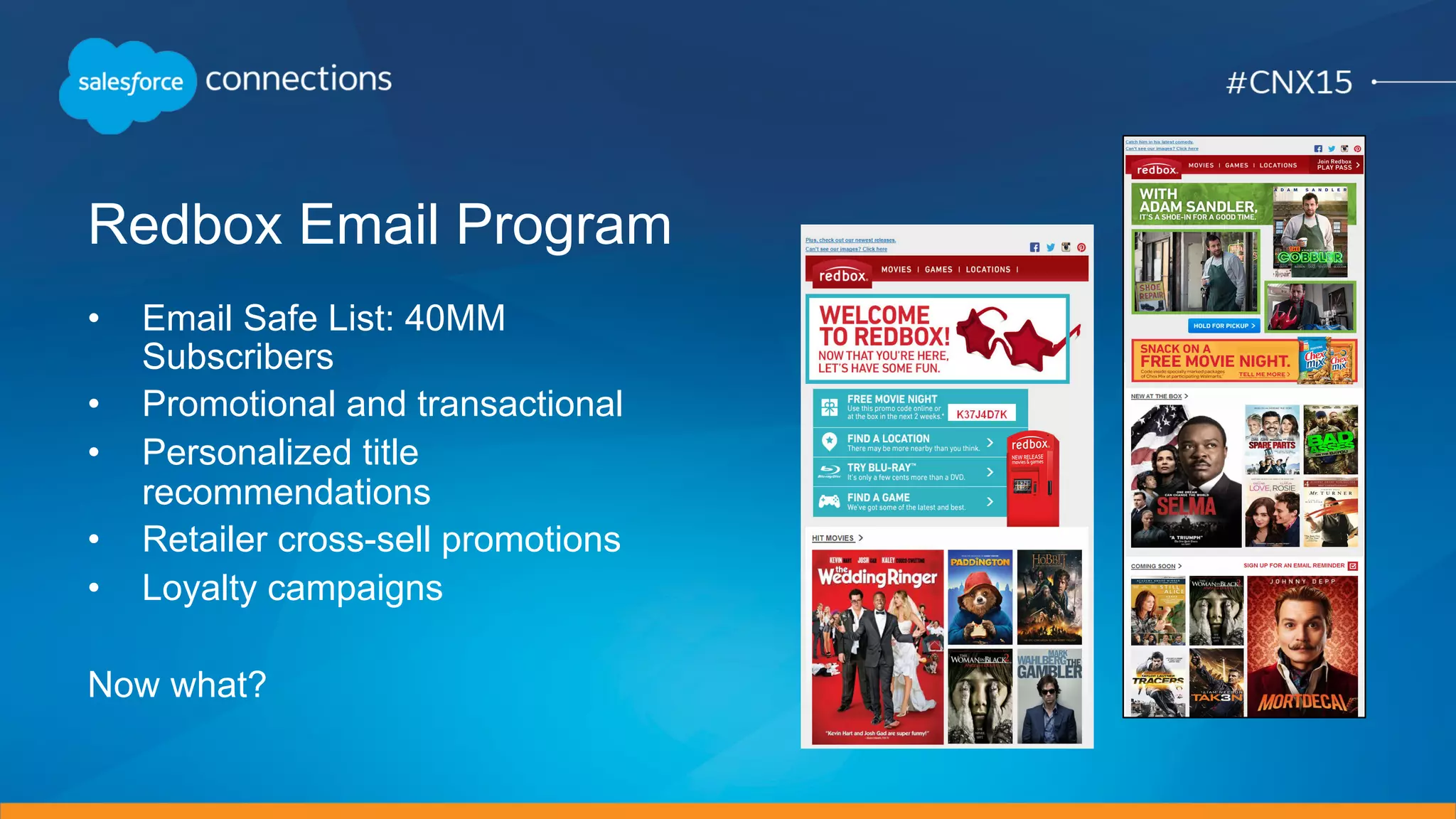 Redbox Email Program
•  Email Safe List: 40MM
Subscribers
•  Promotional and transactional
•  Personalized title
recommendations
•  Retailer cross-sell promotions
•  Loyalty campaigns
Now what?
 
