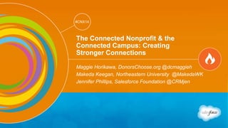 Track: Marketing Thought Leaders 
#CNX14 
#CNX14 
The Connected Nonprofit & the 
Connected Campus: Creating 
Stronger Connections 
Maggie Horikawa, DonorsChoose.org @dcmaggieh 
Makeda Keegan, Northeastern University @MakedaWK 
Jennifer Phillips, Salesforce Foundation @CRMjen 
 
