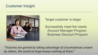 Customer Insight


                              Target customer is larger

                              Successfully meet the needs
                               Account Manager Program
                               Business Discount Program


Victories are gained by taking advantage of circumstances unseen
by others, the world at large knows nothing of them.
 