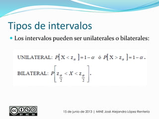Tipos de intervalos
 Los intervalos pueden ser unilaterales o bilaterales:
15 de junio de 2013 | MINE José Alejandro López Rentería
 