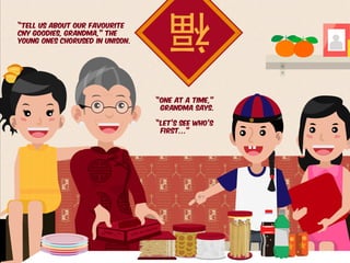 福“Tell us about our favourite
CNY goodies, Grandma,” the
young ones chorused in unison.
“One at a time,”
Grandma says.
“Let’s see who’s
first…”
 