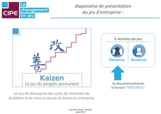 Tout droit réservé - CIPE 2015
www.CIPE.fr
diaporama de présentation
du jeu d'entreprise :
Ce document présente
la Version "PRÉSENTIEL"
Un jeu de découverte des outils de résolution de
problème et de mise en œuvre du Kaizen en entreprise
 