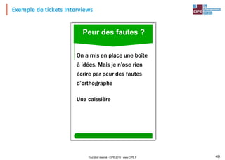 Tout droit réservé - CIPE 2015 - www.CIPE.fr 40
Exemple de tickets Interviews
22
On a mis en place une boîte
à idées. Mais je n’ose rien
écrire par peur des fautes
d’orthographe
Une caissière
Peur des fautes ?
 