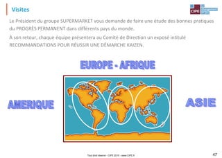 Tout droit réservé - CIPE 2015 - www.CIPE.fr 47
Visites
Le Président du groupe SUPERMARKET vous demande de faire une étude des bonnes pratiques
du PROGRÈS PERMANENT dans différents pays du monde.
À son retour, chaque équipe présentera au Comité de Direction un exposé intitulé
RECOMMANDATIONS POUR RÉUSSIR UNE DÉMARCHE KAIZEN.
 