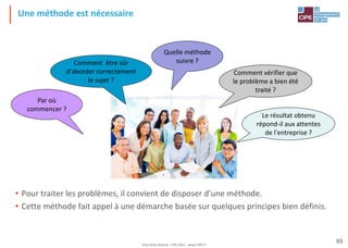 Tout droit réservé - CIPE 2021 - www.CIPE.fr
65
Une méthode est nécessaire
• Pour traiter les problèmes, il convient de disposer d'une méthode.
• Cette méthode fait appel à une démarche basée sur quelques principes bien définis.
Par où
commencer ?
Comment être sûr
d'aborder correctement
le sujet ?
Quelle méthode
suivre ?
Comment vérifier que
le problème a bien été
traité ?
Le résultat obtenu
répond-il aux attentes
de l'entreprise ?
 