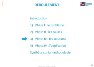 Tout droit réservé - CIPE 2021 - www.CIPE.fr
85
DÉROULEMENT
Introduction
1) Phase I : le problème
2) Phase II : les causes
3) Phase III : les solutions
4) Phase IV : l'application
Synthèse sur la méthodologie
 