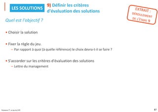 87
Puissance 7®, un jeu du CIPE
Quel est l'objectif ?
• Choisir la solution
• Fixer la règle du jeu.
– Par rapport à quoi (à quelle référence) le choix devra-t-il se faire ?
• S'accorder sur les critères d'évaluation des solutions
– Lettre du management
9) Définir les critères
d'évaluation des solutions
LES SOLUTIONS
 
