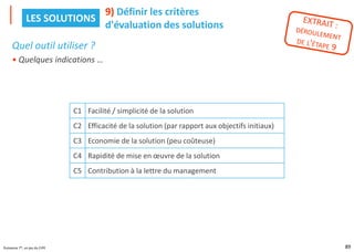 89
Puissance 7®, un jeu du CIPE
Quel outil utiliser ?
• Quelques indications …
9) Définir les critères
d'évaluation des solutions
LES SOLUTIONS
C1 Facilité / simplicité de la solution
C2 Efficacité de la solution (par rapport aux objectifs initiaux)
C3 Economie de la solution (peu coûteuse)
C4 Rapidité de mise en œuvre de la solution
C5 Contribution à la lettre du management
 