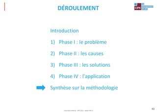 Tout droit réservé - CIPE 2021 - www.CIPE.fr
92
DÉROULEMENT
Introduction
1) Phase I : le problème
2) Phase II : les causes
3) Phase III : les solutions
4) Phase IV : l'application
Synthèse sur la méthodologie
 