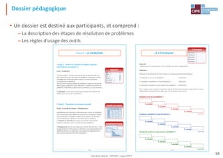 Tout droit réservé - CIPE 2021 - www.CIPE.fr
95
Dossier pédagogique
• Un dossier est destiné aux participants, et comprend :
– La description des étapes de résolution de problèmes
– Les règles d'usage des outils
Page 5
/ Etape 1 - Définir la situation de départ (Quelles
informations manquent ?)
Outil : le QQOQCP
"De quoi s'agit-il ?" avait coutume de dire le Général Foch. De
fait, avons-nous une vue claire du problème à résoudre ? Avant
d'engager des ressources dans l'action il convient de poser
correctement le problème.
Tel qu'il est formulé au départ le problème s'exprime souvent de
façon vague, subjective, voire abstraite. II convient de clarifier le
problème, d'identifier quelles sont les données, qui est concerné,
…
Le QQOQCP est un outil qui permet d'analyser les données de
départ pour bien poser le problème.
/ Etape 2 - Quantifier la situation actuelle
Outils : la Feuille de relevés - l'Histogramme
Généralement les données nécessaires pour traiter un problème
sont disséminées dans différents services de l'entreprise. Parfois,
il est nécessaire d'enquêter auprès du personnel. Les données
sont nombreuses et diverses. II convient de les ordonner.
La Collecte de données permet de rassembler et de classer
toutes les données utiles au traitement du problème.
L'histogramme donne une image plus précise des données. Cette
image permet de commencer à construire une représentation du
problème étudié. Les valeurs d'une mesure qui apparaissent le
plus souvent peuvent ainsi être visualisées.
PHASE I – LE PROBLÈME
QQOQCP
Qui …?
Quoi …?
Où …?
Quand …?
Comment …?
Pourquoi …?
Combien
…?
Feuille de relevé
s1 s2 s3 …
A ✓ ✓
B ✓ ✓
C ✓ ✓ ✓
… ✓
Graphique Pareto
Page 22
Objectifs :
- Rechercher les cause racines, sans se limiter aux causes "apparentes".
Utilisation :
Effectuer la recherche de la cause racine à 3 niveaux de dysfonctionnements :
1. Pourquoi a-t-on eu ce problème ? = Correction
2. Pourquoi ce problème n'a pas été détecté ? = Détection
3. Pourquoi le système n'a pas prévenu le problème ? = Prévention
Pour chaque cause, se poser la question autant de fois que nécessaire, jusqu'à tenir la cause
réelle (celle sur laquelle il faut agir), que l'on nomme la cause racine.
LE 5 POURQUOI
5 Pourquoi
Pourquoi …?
Pourquoi …?
Pourquoi …?
Pourquoi …?
Pourquoi …?
Pourquoi a-t-on eu ce problème ? :
pourquoi?
pourquoi?
pourquoi?
pourquoi?
cause racine
Pourquoi ce problème n'a pas été détecté ? :
pourquoi?
pourquoi?
pourquoi?
pourquoi?
cause racine
Pourquoi le système n'a pas prévenu le problème ? :
pourquoi?
pourquoi?
pourquoi?
pourquoi?
cause racine
 