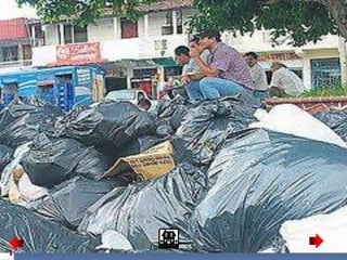 La acumulacion de basuras provoca la
contaminacion del suelo al este estar
contaminado… la gricultura no seria la
misma ya que los frutos pueden una especie
de mutacion para nada agradable
 