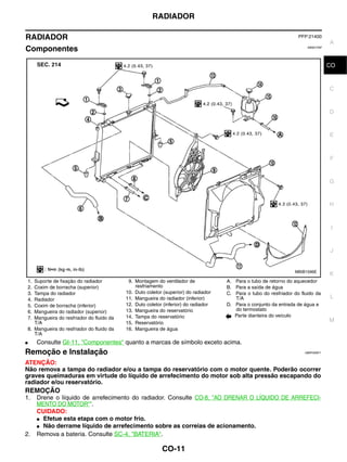 RADIADOR

RADIADOR                                                                                                            PFP:21400
                                                                                                                                   A
Componentes                                                                                                             EBS01F6F




                                                                                                                                   CO
                                                                                                                                    B


                                                                                                                                   C


                                                                                                                                   D


                                                                                                                                   E



                                                                                                                                   F


                                                                                                                                   G


                                                                                                                                   H



                                                                                                                                    I


                                                                                                                                   J


                                                                                                                  MBIB1596E
                                                                                                                                   K
 1. Suporte de fixação do radiador          9. Montagem do ventilador de             A. Para o tubo de retorno do aquecedor
 2. Coxim de borracha (superior)               resfriamento                          B. Para a saída de água
 3. Tampa do radiador                      10. Duto coletor (superior) do radiador   C. Para o tubo do resfriador do fluido da
 4. Radiador                               11. Mangueira do radiador (inferior)         T/A                                        L
 5. Coxim de borracha (inferior)           12. Duto coletor (inferior) do radiador   D. Para o conjunto da entrada de água e
 6. Mangueira do radiador (superior)       13. Mangueira do reservatório                do termostato
 7. Mangueira do resfriador do fluido da   14. Tampa do reservatório                    Parte dianteira do veículo
    T/A                                    15. Reservatório
                                                                                                                                   M
 8. Mangueira do resfriador do fluido da   16. Mangueira de água
    T/A
●     Consulte GI-11, "Componentes" quanto a marcas de símbolo exceto acima.
Remoção e Instalação                                                                                                  UBSF00SF1


ATENÇÃO:
Não remova a tampa do radiador e/ou a tampa do reservatório com o motor quente. Poderão ocorrer
graves queimaduras em virtude do líquido de arrefecimento do motor sob alta pressão escapando do
radiador e/ou reservatório.
REMOÇÃO
1.    Drene o líquido de arrefecimento do radiador. Consulte CO-8, "AO DRENAR O LÍQUIDO DE ARREFECI-
      MENTO DO MOTOR"".
      CUIDADO:
      ● Efetue esta etapa com o motor frio.

      ● Não derrame líquido de arrefecimento sobre as correias de acionamento.

2.    Remova a bateria. Consulte SC-4, "BATERIA".

                                                           CO-11
 