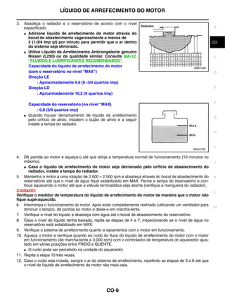 LÍQUIDO DE ARREFECIMENTO DO MOTOR

3.   Abasteça o radiador e o reservatório de acordo com o nível
     especificado.                                                                                            A
     ● Adicione líquido de arrefecimento do motor através do
       bocal de abastecimento vagarosamente a menos de
       2 (1-3/4 Imp qt) por minuto para permitir que o ar dentro                                              CO
                                                                                                               B
       do sistema seja eliminado.
     ● Utilize Líquido de Arrefecimento Anticongelante genuíno
       Nissan (L250) ou de qualidade similar. Consulte MA-12,                                                 C
       "FLUIDOS E LUBRIFICANTES RECOMENDADOS".
       Capacidade do líquido de arrefecimento do motor                                            SMA182B
       (com o reservatório no nível “MAX”)                                                                    D
       Direção LE
             : Aproximadamente 9,9 (8 -3/4 quartos imp)
       Direção LD                                                                                             E
             : Aproximadamente 10,2 (9 quartos imp)

                                                                                                              F
         Capacidade do reservatório (no nível “MAX)
              : 0,8 (3/4 quartos imp)
     ●   Quando houver derramamento de líquido de arrefecimento
                                                                                                              G
         pelo orifício de alivio, instalem o bujão de alívio e a seguir
         instale a tampa do radiador.

                                                                                                              H



                                                                                                  SMA412B
                                                                                                               I

4.  Dê partida ao motor e aqueça-o até que atinja a temperatura normal de funcionamento (10 minutos no
    máximo).                                                                                                  J
    ● Caso o líquido de arrefecimento do motor seja derramado pelo orifício de abastecimento do
       radiador, instale a tampa do radiador.
5. Mantenha o motor a uma rotação de 2.000 – 2.500 rpm e abasteça através do bocal de abastecimento do        K
    reservatório até que o nível de água fique estabilizado em MAX. Feche a tampa do reservatório e con-
    tinue aquecendo o motor até que a válvula termostática seja aberta (verifique a mangueira do radiador).
CUIDADO:                                                                                                      L
Verifique o medidor de temperatura do líquido de arrefecimento do motor de maneira que o motor não
fique superaquecido.
6. Interrompa o funcionamento do motor. Após estar completamente resfriado (utilizando um ventilador para
                                                                                                              M
    diminuir o tempo), dê partida ao motor e deixe-o em marcha-lenta.
7. Verifique o nível do líquido e abasteça com água até o bocal de abastecimento do reservatório.
8. Caso o nível do líquido tenha baixado, repita as etapas de 4 a 7, inspecionando se o nível de água no
    reservatório está estabilizado em MAX.
9. Verifique o sistema de arrefecimento quanto a vazamentos com o motor em funcionamento.
10. Aqueça o motor e verifique quando ao ruído do fluxo do líquido de arrefecimento do motor com o motor
    em funcionamento (de marcha-lenta a 3.000 rpm) com o controlador de temperatura do aquecedor ajus-
    tado em várias posições entre FREIO e QUENTE.
    ● O ruído pode ser percebido na unidade do aquecedor.

11. Repita a etapa 10 três vezes.
12. Caso o ruído seja notada, sangre o ar do sistema de arrefecimento, repetindo as etapas de 3 a 6 até que
    o nível do líquido de arrefecimento do motor não mais caia.




                                                     CO-9
 