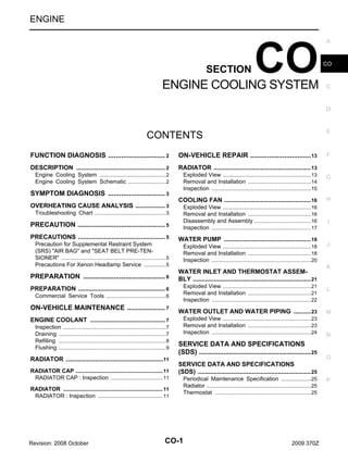 ENGINE

SECTION

CO

ENGINE COOLING SYSTEM

A

CO

C

D

E

CONTENTS

F

FUNCTION DIAGNOSIS .............................. 2
.

ON-VEHICLE REPAIR ................................ 13
.

DESCRIPTION ................................................... 2
.

RADIATOR ........................................................ 13

Engine Cooling System .......................................... 2
.
Engine Cooling System Schematic ........................ 2
.

Exploded View ........................................................13
.
Removal and Installation ........................................14
.
Inspection ...............................................................15
.

G

COOLING FAN .................................................. 16

H

SYMPTOM DIAGNOSIS .............................. 3
.
OVERHEATING CAUSE ANALYSIS ................. 3
.

PRECAUTION .............................................. 5
.

Exploded View ........................................................16
.
Removal and Installation ........................................16
.
Disassembly and Assembly ....................................16
.
Inspection ...............................................................17
.

PRECAUTIONS .................................................. 5
.

WATER PUMP .................................................. 18

Troubleshooting Chart ............................................. 3
.

Precaution for Supplemental Restraint System
(SRS) "AIR BAG" and "SEAT BELT PRE-TENSIONER" .................................................................. 5
.
Precautions For Xenon Headlamp Service .............. 5
.

PREPARATION ........................................... 6
.

Exploded View ........................................................18
.
Removal and Installation ........................................18
.
Inspection ...............................................................20
.

WATER INLET AND THERMOSTAT ASSEMBLY .................................................................... 21
Exploded View ........................................................21
.
Removal and Installation ........................................21
.
Inspection ...............................................................22
.

PREPARATION .................................................. 6
.
Commercial Service Tools ...................................... 6
.

ON-VEHICLE MAINTENANCE .................... 7
.

RADIATOR ........................................................11
.
RADIATOR CAP ....................................................... 11
.
RADIATOR CAP : Inspection ................................. 11
.

K

L

M

Exploded View ........................................................23
.
Removal and Installation ........................................23
.
Inspection ...............................................................24
.

N

SERVICE DATA AND SPECIFICATIONS
(SDS) ........................................................... 25
.

O

SERVICE DATA AND SPECIFICATIONS
(SDS) ................................................................. 25

RADIATOR ............................................................... 11
.
RADIATOR : Inspection ......................................... 11
.

Revision: 2008 October

J

WATER OUTLET AND WATER PIPING .......... 23

ENGINE COOLANT ........................................... 7
.
Inspection ................................................................. 7
.
Draining .................................................................... 7
.
Refilling .................................................................... 8
.
Flushing .................................................................... 9
.

I

CO-1

Periodical Maintenance Specification ...................25
.
Radiator ..................................................................25
.
Thermostat .............................................................25
.

2009 370Z

P

 