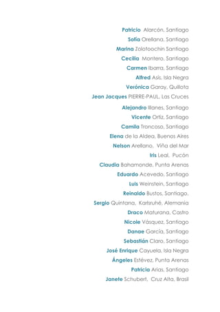 Patricio Alarcón, Santiago
Sofía Orellana, Santiago
Marina Zolotoochin Santiago
Cecilia Montero, Santiago
Carmen Ibarra, Santiago
Alfred Asís, Isla Negra
Verónica Garay, Quillota
Jean Jacques PIERRE-PAUL, Las Cruces
Alejandro Illanes, Santiago
Vicente Ortiz, Santiago
Camila Troncoso, Santiago
Elena de la Aldea, Buenos Aires
Nelson Arellano, Viña del Mar
Iris Leal, Pucón
Claudia Bahamonde, Punta Arenas
Eduardo Acevedo, Santiago
Luis Weinstein, Santiago
Reinaldo Bustos, Santiago.
Sergio Quintana, Karlsruhé, Alemania
Draco Maturana, Castro
Nicole Vásquez, Santiago
Danae García, Santiago
Sebastián Claro, Santiago
José Enrique Cayuela, Isla Negra
Ángeles Estévez, Punta Arenas
Patricia Arias, Santiago
Janete Schubert, Cruz Alta, Brasil
 