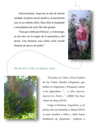 Efectivamente, luego de un año de mucho
cuidado, la planta creció mucho y se transformó
casi en un esbelto árbol. Hace días la trasplanté
a una plantera de color lila más grande.
Veía que estaba por florecer, y el domingo,
se dio otra vez la magia de la naturaleza y del
deseo: Una hermosa rosa china color rosado
iluminó de nuevo mi jardín.”
Martha Pérez Viña, La Habana, Cuba
“Escucho en Cuba a Ema Cuañeri
de los Tobas (Pueblo Originario que
habita en Argentina y Paraguay) cantar
a los algarrobos: “... si ellos mueren,
mueren los Tobas...” ¡Ahhh! Eso hace
vibrar mi alma (2014).
Llego a Formosa, Argentina, y mi
primer día con Sandrita y María (2015)
es para enseñar a niñas y niños hacer
bombones de algarrobo... empiezo a
 