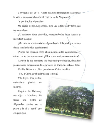 Corre junio del 2016. Ahora estamos defendiendo y alabando
la vida, estamos celebrando el Festival de la Alegremia!
Y por fin ¡los algarrobos!
Me acerco a ellos. Los abrazo. Esta vez la felicidad y la belleza
me colmaban.
¡Al tomarnos fotos con ellos, aparecen bellas luces rosadas y
moradas! ¡Magia!
¡Me estaban mostrando los algarrobos la felicidad que emana
desde la salud de los ecosistemas!
¡Ahora me enseñan cómo ellos mismos están comunicados y
cómo con su luz se muestran! ¡Ellos se comunican con nosotros!
A partir de ese momento los encuentro por doquier, descubro
plantaciones espontáneas de algarrobos en Cuba, los saludo, feliz.
Un día, Diana una chica que vive en Chile, me dice:
-Voy a Cuba, ¿qué quieres que te lleve?
Y le digo: - Una piedra,
colecciono piedras de
lugares…
Llegó a La Habana y
me dijo: - Marthica, Te
traigo una piedra de
Algarrobo, estaba en la
playa y la vi y “sentí” que
era para vos.
 