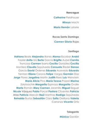 Rancagua
Catherine Fieldhouse
Mireya Machi
Mario Hernán Latorre
Rocas Santo Domingo
Carmen Gloria Rojas
Santiago
Adriana Beale Alejandro Illanes Alonso Escobar André
Fassler Anita Isla Berta García Brigitte Aubel Camila
Troncoso Carmen Ibarra Cecilia González Cecilia
Montero Claudio Sepúlveda Consuelo Riedel Danae
García David Órdenes Eduardo Acevedo Eduardo
Yentzen Eliana Corona Felipe Vargas Germán Díaz
Jorge Flores Jorgelina Martin Judith Rees Luis Weinstein
María Alicia Pino María Teresa Pozzoli Marina
Zolotoochin Margarita Espinoza Margarita Ovalle
Marta Román Mary Carmen Jaramillo Miguel Seguel
Nicole Vásquez Pablo Porcel Pastora Cifuentes Patricia
Arias Patricio Alarcón Raúl Martínez Rodrigo Sepúlveda
Reinaldo Bustos Sebastián Claro Sofía Orellana Valeria
Carranza Vicente Ortiz
Talagante
Mónica Gavilán
 