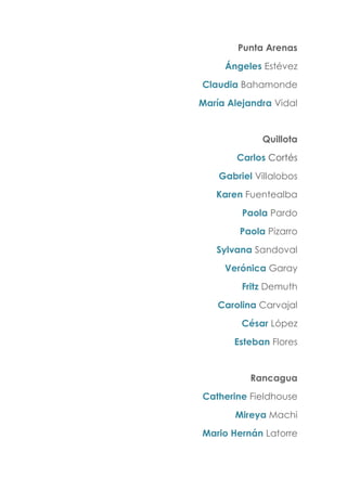 Punta Arenas
Ángeles Estévez
Claudia Bahamonde
María Alejandra Vidal
Quillota
Carlos Cortés
Gabriel Villalobos
Karen Fuentealba
Paola Pardo
Paola Pizarro
Sylvana Sandoval
Verónica Garay
Fritz Demuth
Carolina Carvajal
César López
Esteban Flores
Rancagua
Catherine Fieldhouse
Mireya Machi
Mario Hernán Latorre
 