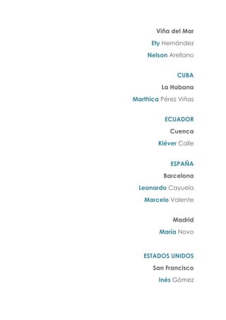 Viña del Mar
Ety Hernández
Nelson Arellano
CUBA
La Habana
Marthica Pérez Viñas
ECUADOR
Cuenca
Kléver Calle
ESPAÑA
Barcelona
Leonardo Cayuela
Marcelo Valente
Madrid
María Novo
ESTADOS UNIDOS
San Francisco
Inés Gómez
 