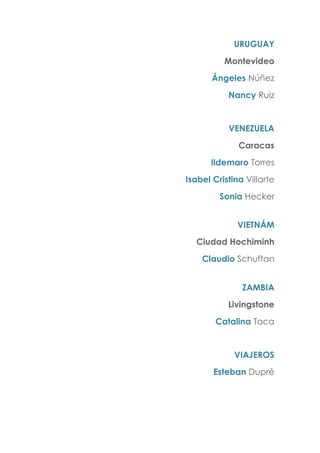 URUGUAY
Montevideo
Ángeles Núñez
Nancy Ruiz
VENEZUELA
Caracas
Ildemaro Torres
Isabel Cristina Villarte
Sonia Hecker
VIETNÁM
Ciudad Hochiminh
Claudio Schuftan
ZAMBIA
Livingstone
Catalina Taca
VIAJEROS
Esteban Dupré
 
